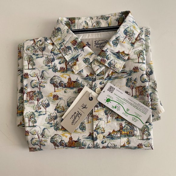 NWT Original Penguin Bright White Multiprint Button Down Shirt Size M OPWF2026OP - Picture 3 of 13